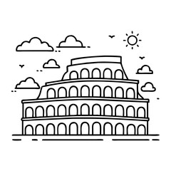 Fototapeta premium Line Art Illustration of the Colosseum Under a Sunny Sky with Clouds and Birds