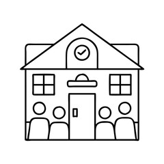 Simple Line Drawing of a School Building with People Waiting at the Entrance