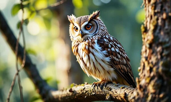 Owl standing on a wooden branch