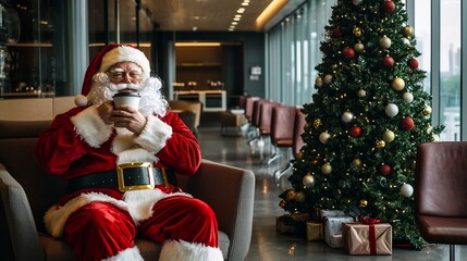Santa Claus taking break in a modern business lounge sipping coffee beside a stylish Christmas tree