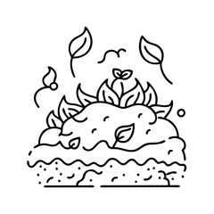 A whimsical illustration of a small patch of land with various plants and leaves