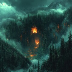 Obraz premium Eerie Forestscape with Mysterious Glowing Orbs and Silhouetted Figure