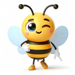 Fototapeta premium Animated character 3D image of bee released winks smiles, cute design, white background