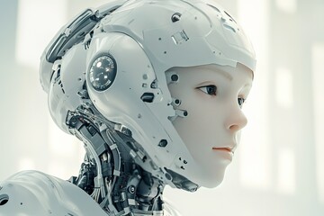 Fototapeta premium Artificial intelligence in the humanoid head. Artificial Intelligence, Robotics, Technology, Innovation, Science, Futuristic, Cyborg, Machine, Robotic, Future, Generative Ai, Digital, Concept