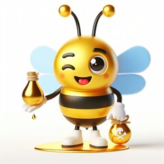Animated character  3D image of bee released winks smiles, cute design, white background