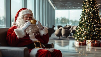 Santa Claus taking break in a modern business lounge sipping coffee beside a stylish Christmas tree