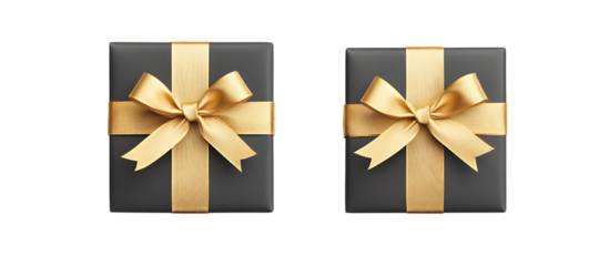 Two gray gift boxes tied with shiny golden ribbons and bows on a trasparent background offering a sophisticated and elegant present