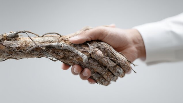 Conceptual image of human hand shaking with wooden bark symbolizing nature connection and environmental unity