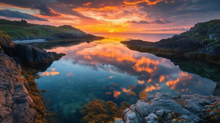 A fiery sunrise ignites the tranquil sea below, casting a golden glow that perfectly mirrors the radiant sky, creating a breathtaking scene