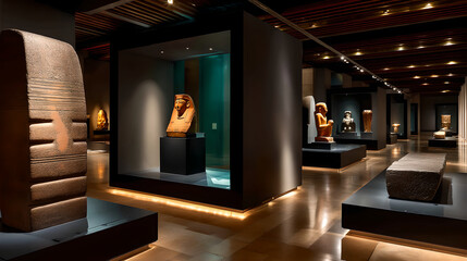 Ancient Stone Sculptures in a Dimly Lit Museum Gallery