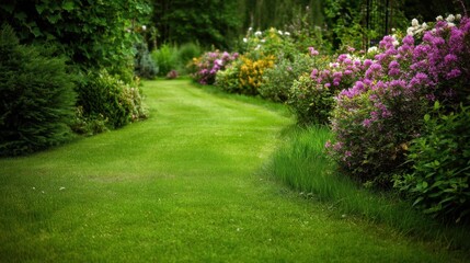 Obraz premium Lush green grass pathway winding through vibrant garden blooming with colorful flowers