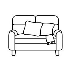 Comfortable Line Drawing of a Cozy Sofa with Pillows and Throw Blanket