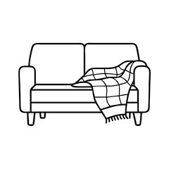 Cozy Line Art Illustration of a Sofa with a Plaid Throw Blanket