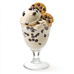 Close up of vanilla ice cream sundae with chocolate chips and two chocolate chip cookies on top, served in a stemmed glass against a white background.