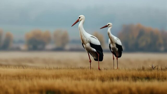 White storks walking side by side across harvested agricultural landscape, displaying characteristic long legs and white plumage with natural countryside backdrop
