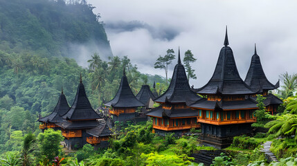 Fototapeta premium Traditional Toraja Houses Surrounded by Lush Greenery and Foggy Mountain Landscape of Sulawesi Indonesia