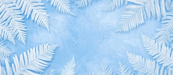 White frosty fern patterns frame a light blue background, creating a serene winter scene. Ideal for holiday or seasonal designs.