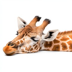 Obraz premium Close up of a sleeping giraffe's head and neck against a white background. The giraffe's eyes are closed, and its expression is peaceful and serene.