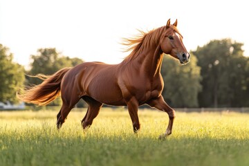 Chestnut horse running in a grassy field with trees in the background.