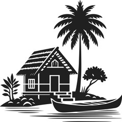 Neat and clean black color silhouette of hut, village hut vector art, hut house vector art, hut tree valley vector with palm tree and trees, river and canoe, native house, home vector design elements