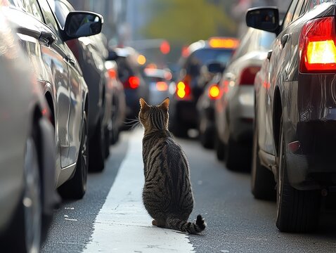 A striped tabby cat sits calmly amidst a traffic jam, facing the road ahead with a curious and observant gaze, oblivious to the chaos around.