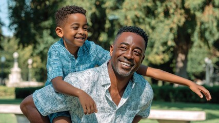 A happy African American father giving his son a piggyback ride outdoors.
