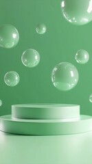 Ethereal green podium with translucent floating soap bubbles creating a dreamy, minimalist product display backdrop with soft pastel tones