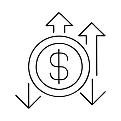 Financial Growth and Fluctuation Dollar Coin with Upward and Downward Arrows Indicating Investment Trends and Market Volatility