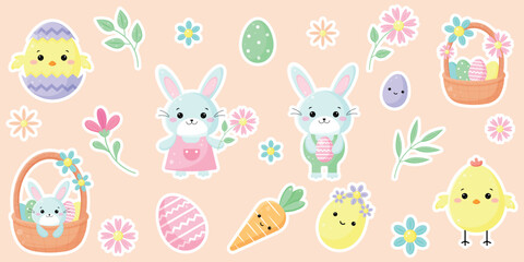 Cute Easter sticker pack isolated on beige background. Stikers with rabbits, chikens, Easter eggs,  flowers, twigs, baskets, carrot. Spring collection. Vector illustration in flat cartoon style. 