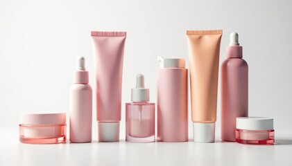 Close-up of various cosmetic containers on white backdrop, tube, cap