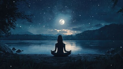 Night Serenity: A Woman Meditates by a Tranquil Lake Under a Full Moon and Starry Sky