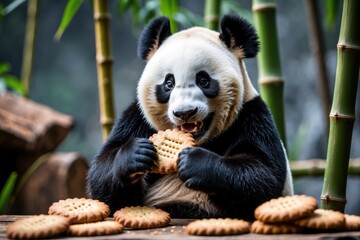 Obraz premium Playful panda enjoying a cookie surrounded by bamboo in a lush, natural setting.