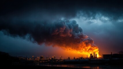Fototapeta premium A massive fire engulfs an oil refinery, billowing black smoke skyward.