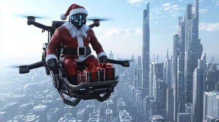 Santa Claus wearing cybernetic suit delivering gifts using a high tech drone sleigh over a futuristic megacity