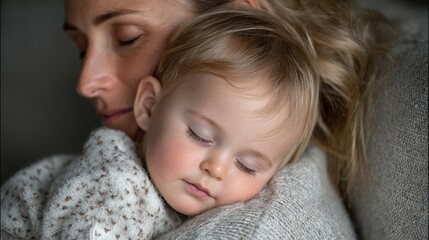 Mother and child in warm embrace, tender moments shared, cozy indoor setting, capturing love and serenity.
