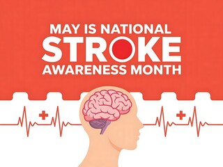 May is National Stroke Awareness Month: A stark reminder of brain health, depicted with a detailed brain illustration against a bold red background featuring heart rate monitors.