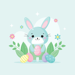Cute Easter poster with rabbit, eggs and plants on light blue background.  Template for postcards, social media, banners. Happy easter background . Vector illustration in flat cartoon style. 