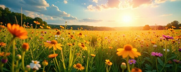 Sun shining on vibrant wildflowers in a meadow at summer solstice , photo, daylight
