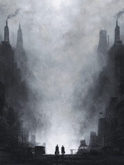 group of people walking through polluted city with heavy smog and smoke, urban silhouettes in dystopian environment with fog, decay, and dramatic skyline under dark atmospheric sky
