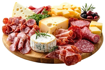 Delicious Charcuterie Board Salami Cheese Camembert on a Rustic Wooden on transparent background