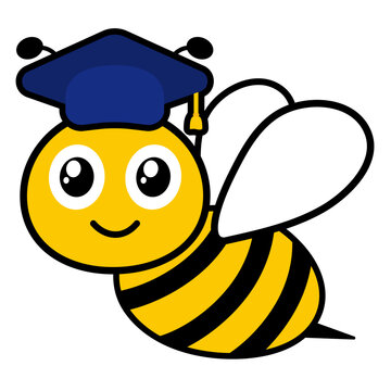 Clever bee with graduation hat. Flying scholar honeybee with big kind eyes. Vector isolated on white.