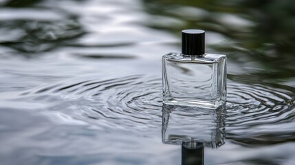 A glass perfume bottle resting on water creating soft circular ripples