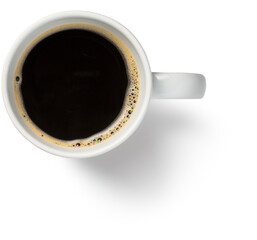 A top-down view of a white cup filled with black coffee, showcasing the rich color and texture of the beverage.