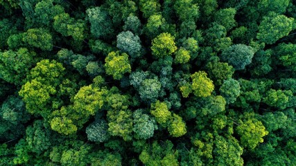 Naklejka premium Aerial view of a lush, green forest canopy. Nature and the environment.