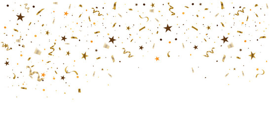 Celebration background with golden confetti vector illustration. Confetti birthday party on transparent background. Golden ribbons, stars and confetti. For invitations, cards, design, gifts.