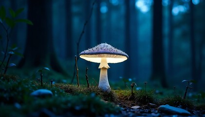 Fototapeta premium A glowing mushroom illuminated from within stands on a moss covered forest floor. Tall trees and soft blue lighting create a misty, ethereal scene.