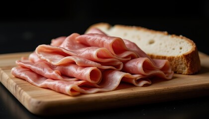 Sliced ham with bread on wooden board