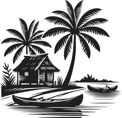 Neat and clean black color silhouette of hut, village hut vector art, hut house vector art, hut tree valley vector with palm tree and trees, river and canoe, native house, home vector design elements