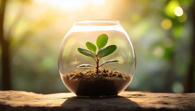 small plant growing inside a terrarium protecting nature