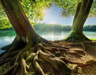 a serene landscape featuring two majestic trees with expansive roots by a tranquil waterbody surrounded by lush greenery and soft sunlight